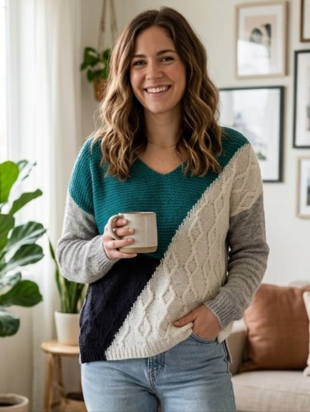 NWT Promod Grey Colorblock V-Neck Italian Yarn Casual Women Wool Soft Sweater M